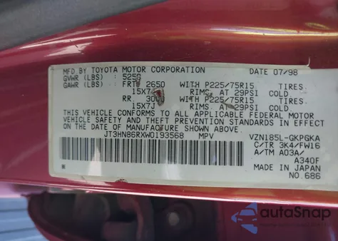 1998 Toyota 4Runner Sr5 V6 z USA, uszkodzony, nr VIN JT3HN86RXW0193568